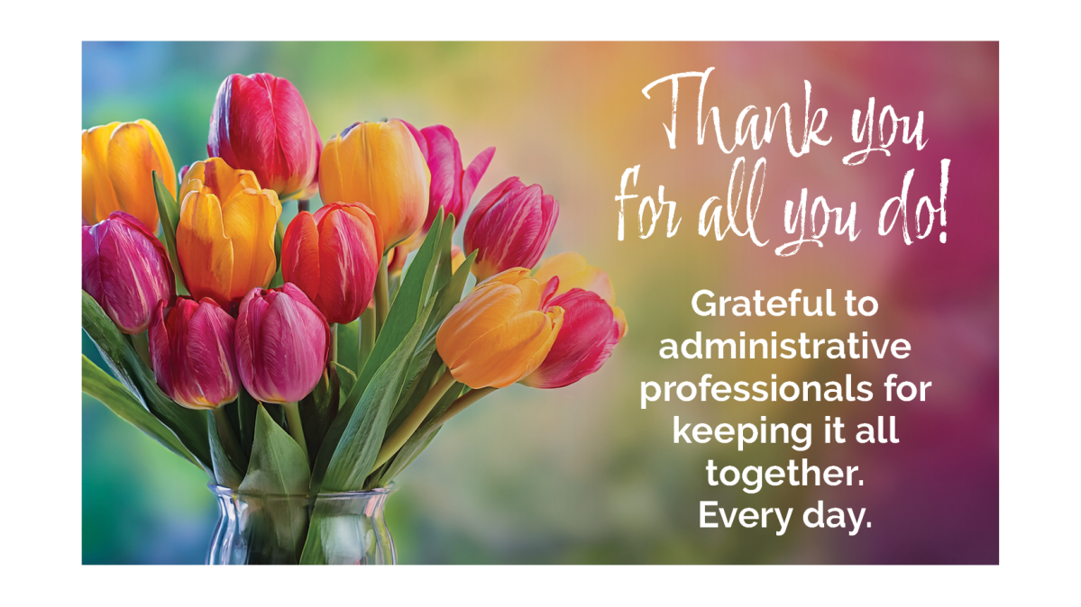 Administrative Professionals Day 2025 A vase of tulips against a mottled pink, green and yellow background.