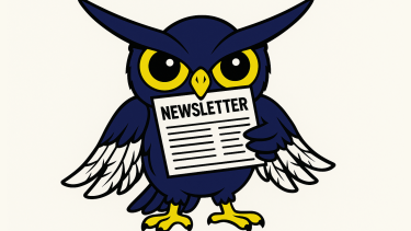 A navy blue cartoon owl with big yellow eyes holding a newsletter in its beak. 