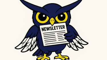 A navy blue cartoon owl with big yellow eyes holding a newsletter in its beak. 
